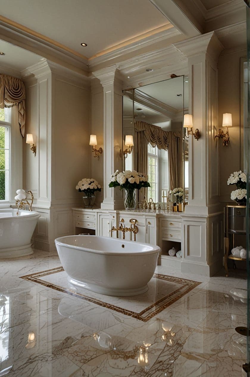 Luxury hotel bathroom freestanding bath marble gold fixtures — search: luxury hotel bathroom freestanding bath marble gold fixtures
