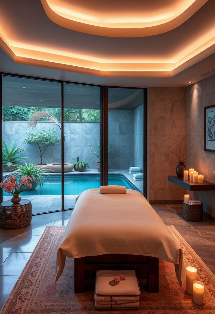 Spa relaxation lounge with chaise longue soft lighting luxury hotel — search: spa relaxation lounge chaise longue soft candlelight luxury hotel