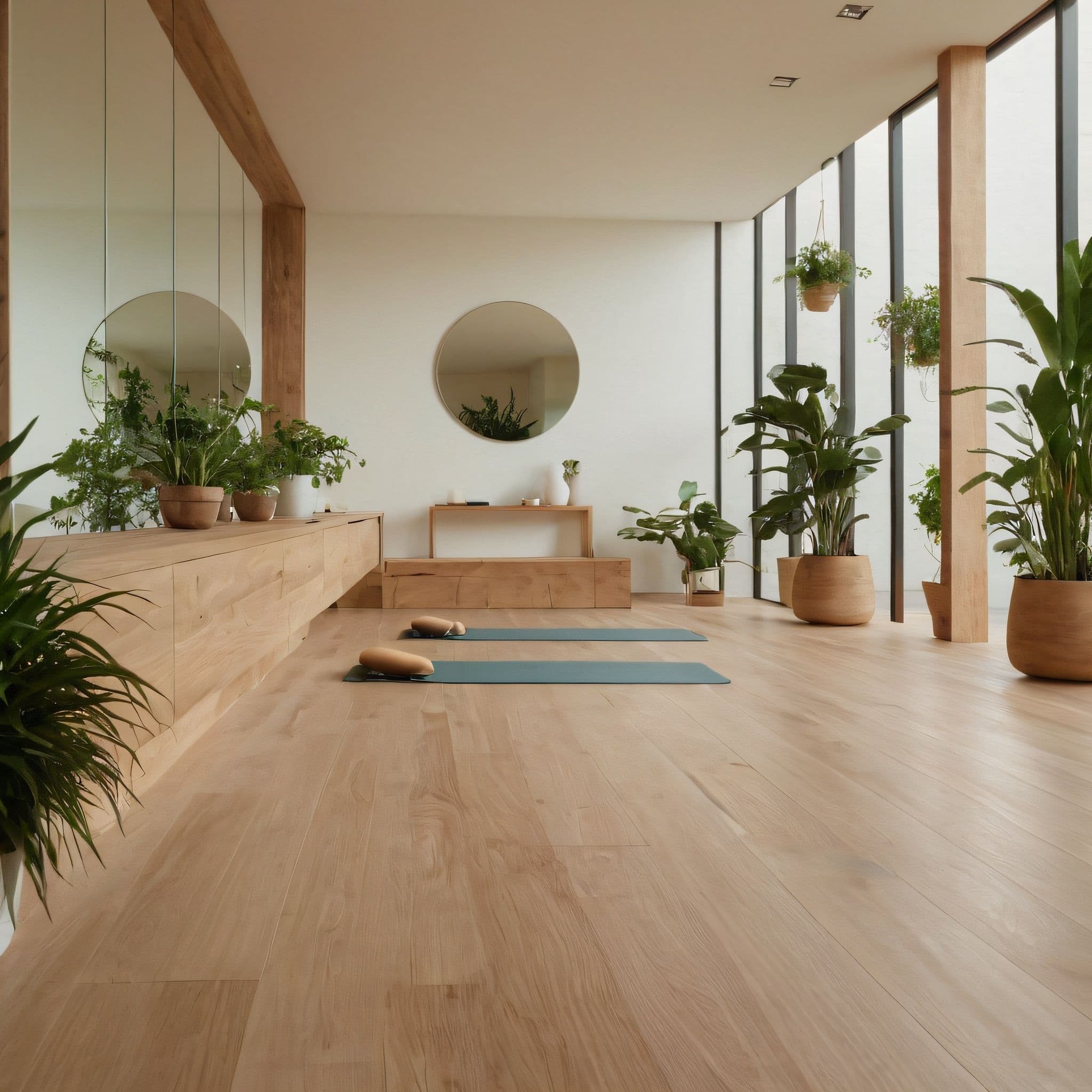 Yoga studio with natural light wooden floor luxury wellness hotel — search: yoga studio natural light wooden floor luxury wellness hotel